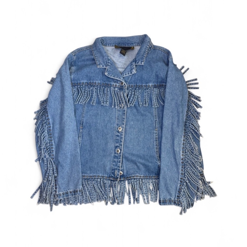 Vtg Fringe Western Denim Jacket Womens 22/24 Cowgirl Medium Wash Button Up